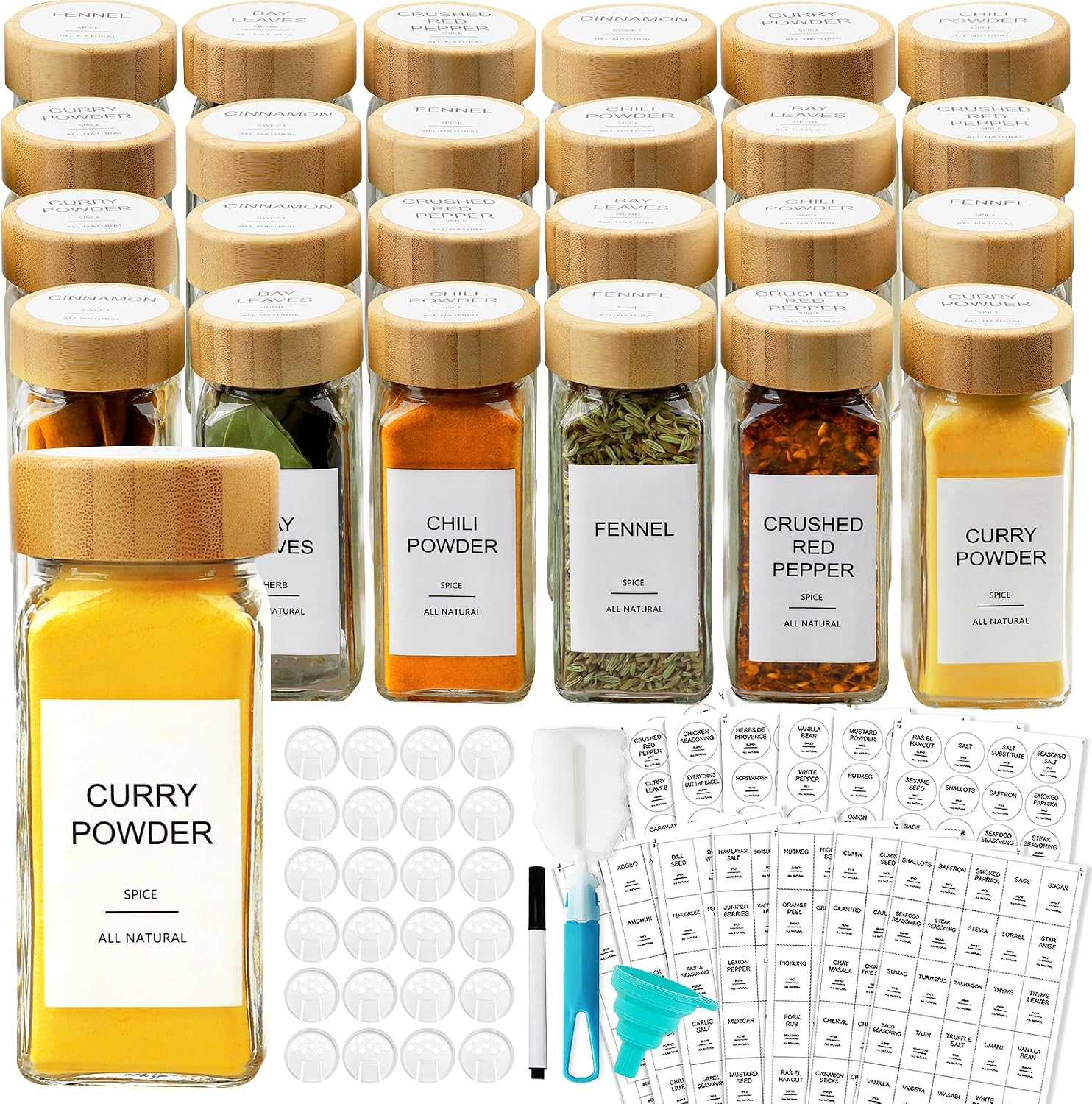 Spice Jar Labels - 대나무 뚜껑이 있는 유리 양념병, 라벨