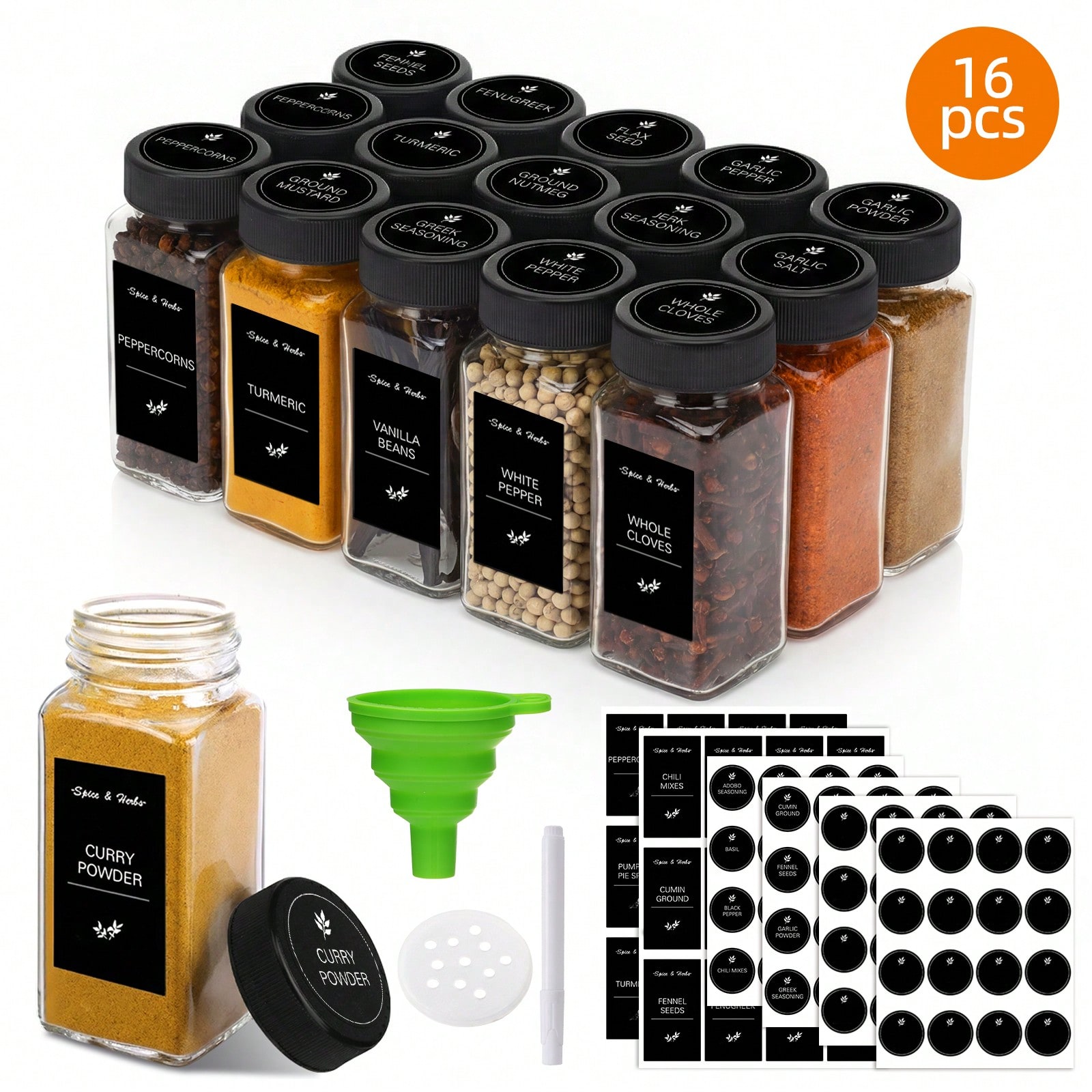 16/24팩 4온스 사각 유리 양념병(검정색 금속 뚜껑 - Spice Jar Labels 리뷰 및 가격