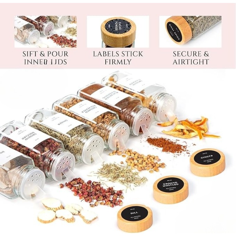 사각형 향신료 병 세트 (나무 뚜껑, 쉐이커 내장, 라 - Spice Jar Labels 리뷰 및 가격
