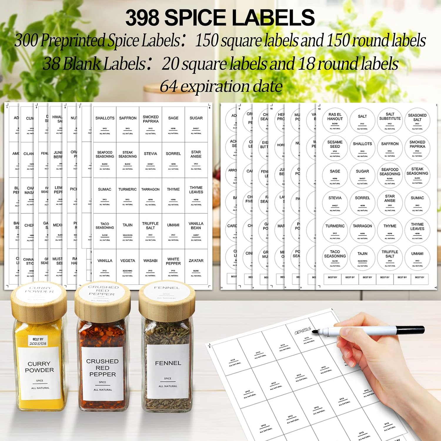 대나무 뚜껑이 있는 유리 양념병, 라벨 398개 포함, - Spice Jar Labels 리뷰 및 가격