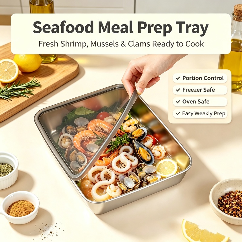 뚜껑이 있는 스테인리스 스틸 사각 트레이, 쌓아서 보관 - Meal Prep Seafood 리뷰 및 가격